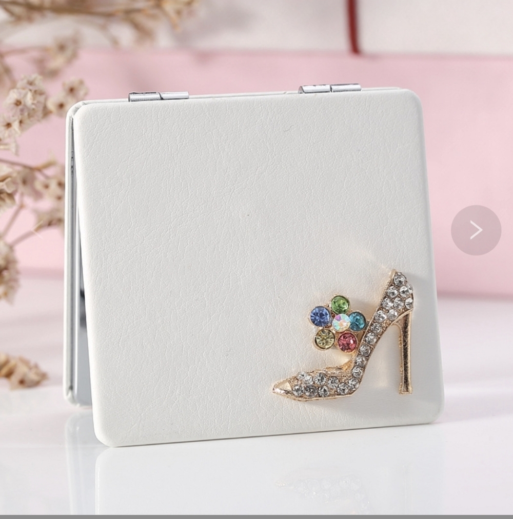 White Compact Mirror with Rhinestone Shoe Design